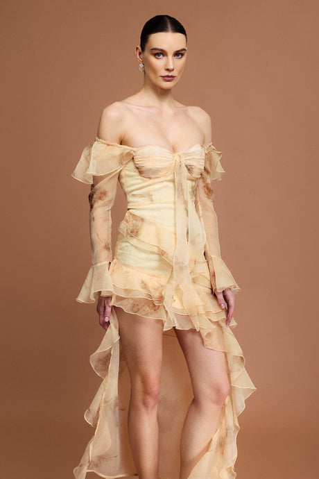 Khloe Beige Off-the-Shoulder Ruffled Midi Dress