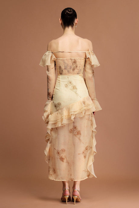 Khloe Beige Off-the-Shoulder Ruffled Midi Dress