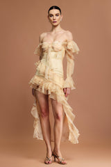 Khloe Beige Off-the-Shoulder Ruffled Midi Dress