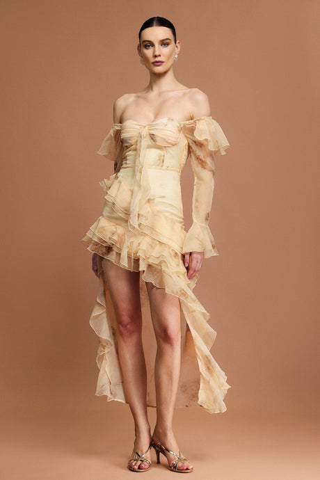 Khloe Beige Off-the-Shoulder Ruffled Midi Dress