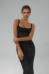 Khloe Black Lace Sleeveless Maxi Dress Scalloped Neckline Formal Evening Events Special Occasions Sophistication Chic Elegant Allure Flattering Fit Dramatic Flair