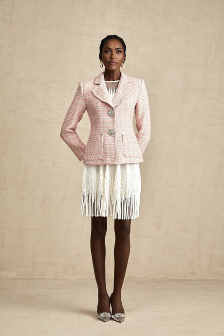 Khloe Blazer Pink Crystal Checked Tweed & Crystal Embellished