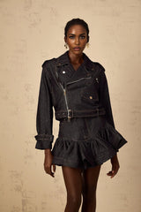 Khloe Denim Jacket Indigo Blue Contrast Stitching Embossed Gold - tone Buttons