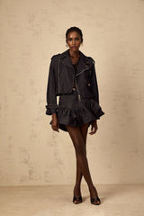 Khloe Denim Jacket Indigo Blue Contrast Stitching Embossed Gold - tone Buttons