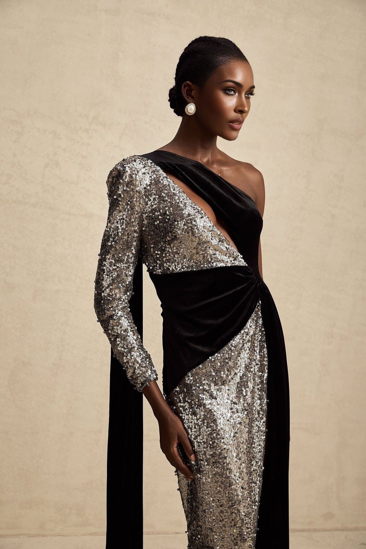 Kiara Maxi Dress - Asymmetric One - Sleeve Design with Attached Scarf & Sequin Embellishments