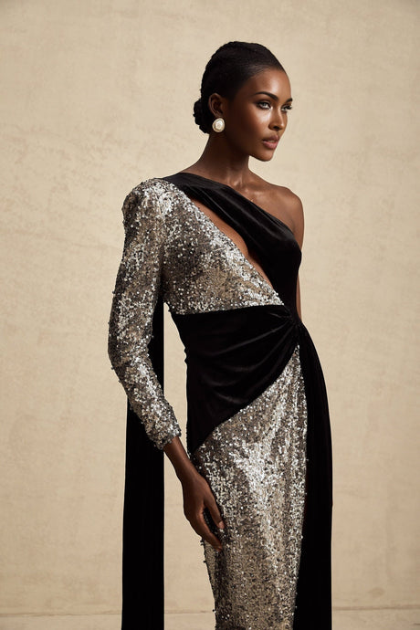Kiara Maxi Dress - Asymmetric One - Sleeve Design with Attached Scarf & Sequin Embellishments