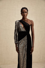 Kiara Maxi Dress - Asymmetric One - Sleeve Design with Attached Scarf & Sequin Embellishments