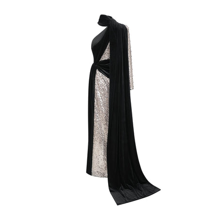 Kiara Maxi Dress - Asymmetric One - Sleeve Design with Attached Scarf & Sequin Embellishments