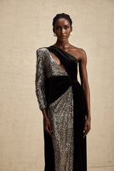 Kiara Maxi Dress - Asymmetric One - Sleeve Design with Attached Scarf & Sequin Embellishments