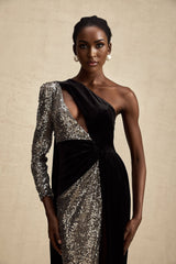 Kiara Maxi Dress - Asymmetric One - Sleeve Design with Attached Scarf & Sequin Embellishments