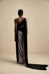 Kiara Maxi Dress - Asymmetric One - Sleeve Design with Attached Scarf & Sequin Embellishments