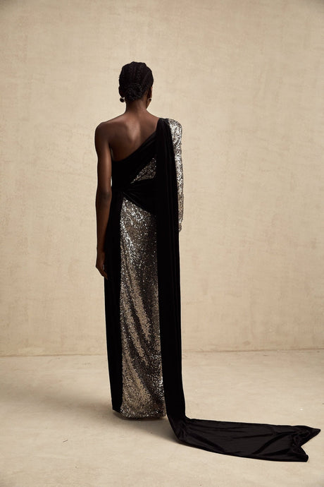 Kiara Maxi Dress - Asymmetric One - Sleeve Design with Attached Scarf & Sequin Embellishments