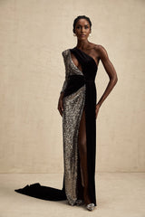 Kiara Maxi Dress - Asymmetric One - Sleeve Design with Attached Scarf & Sequin Embellishments