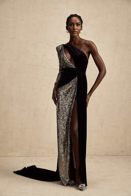 Kiara Maxi Dress - Asymmetric One - Sleeve Design with Attached Scarf & Sequin Embellishments