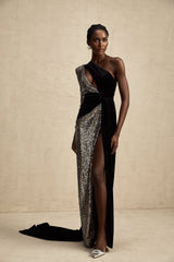 Kiara Maxi Dress - Asymmetric One - Sleeve Design with Attached Scarf & Sequin Embellishments