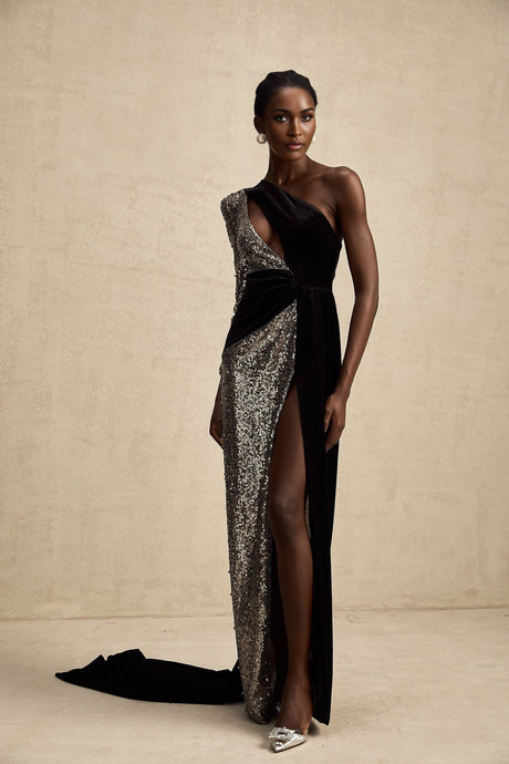 Kiara Maxi Dress - Asymmetric One - Sleeve Design with Attached Scarf & Sequin Embellishments