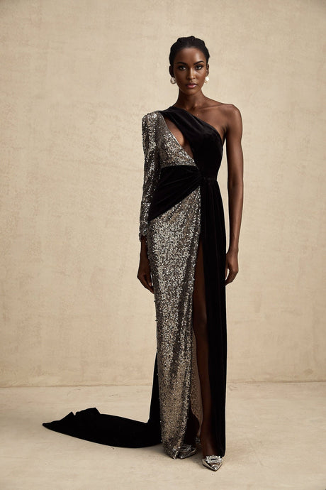 Kiara Maxi Dress - Asymmetric One - Sleeve Design with Attached Scarf & Sequin Embellishments