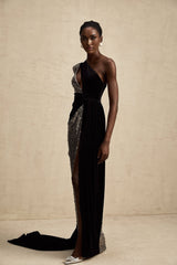 Kiara Maxi Dress - Asymmetric One - Sleeve Style - Attached Scarf Detail - Pleated Sequin Embellishments