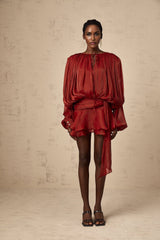 Kiara Mini Dress Twist Ruffle Red Glitter Draped Pleated Hem