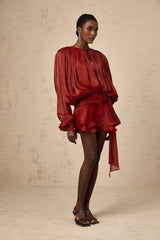 Kiara Mini Dress Twist Ruffle Red Glitter Draped Pleated Hem