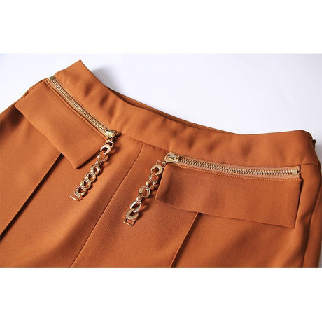 Kiara Trousers - High - Waisted Flare - Structured Tailoring - Contoured Waistline - Chain Embellishment - Layered Waistband