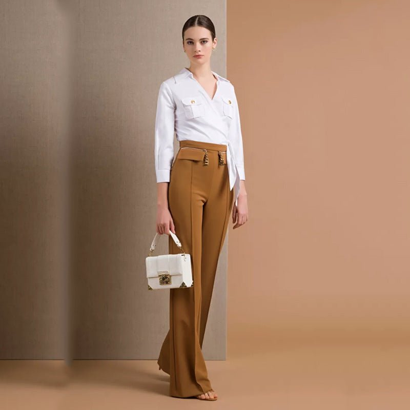 Kiara Trousers - High - Waisted Flare - Structured Tailoring - Contoured Waistline - Chain Embellishment - Layered Waistband