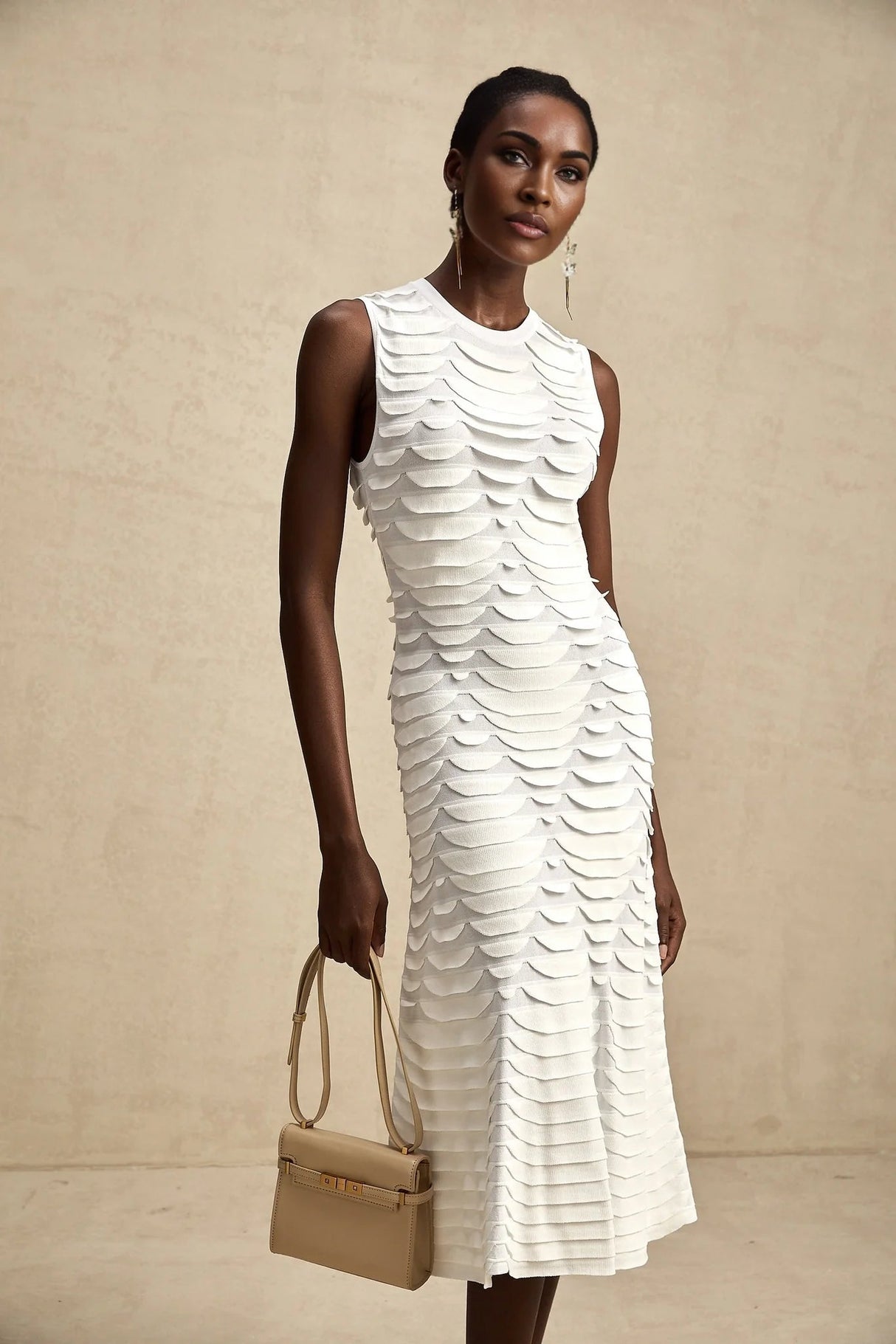 Kiera Midi Dress 3D Snake Pattern Godet Black & Flared
