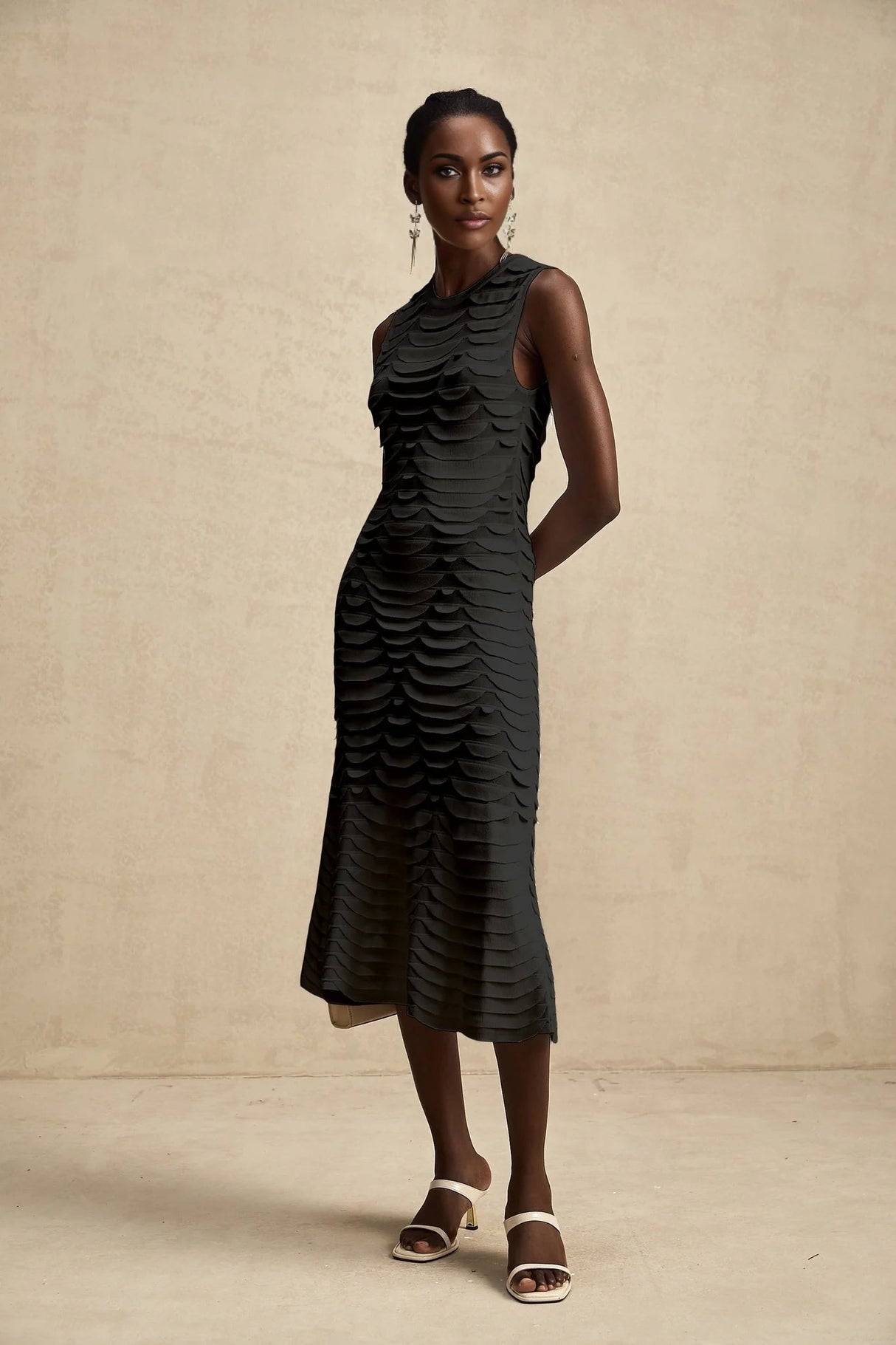 Kiera Midi Dress 3D Snake Pattern Godet Black & Flared