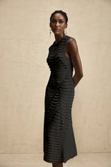 Kiera Midi Dress 3D Snake Pattern Godet Black & Flared