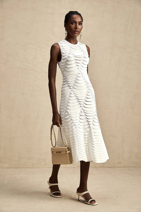 Kiera Midi Dress 3D Snake Pattern Godet Black & Flared