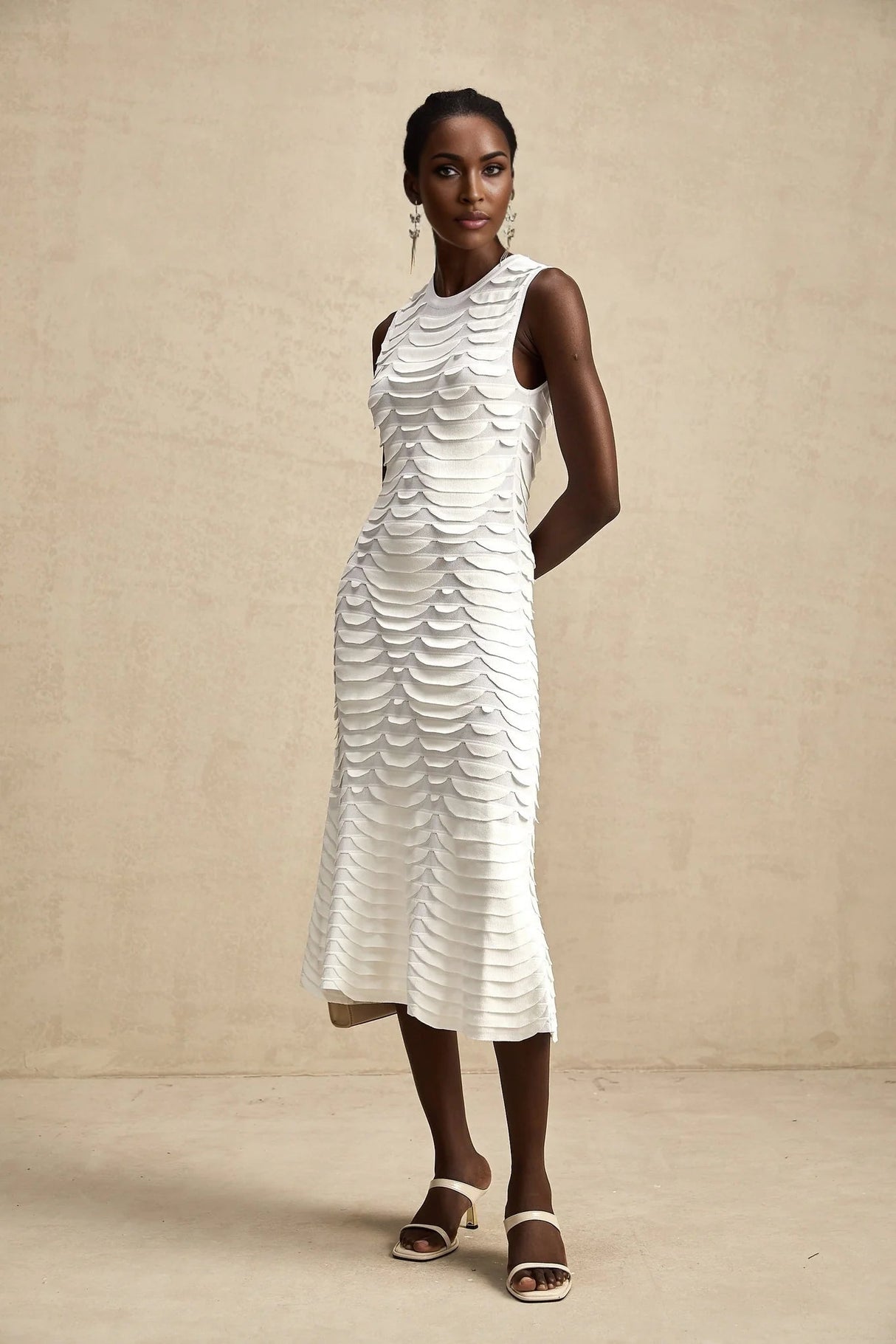 Kiera Midi Dress 3D Snake Pattern Godet Black & Flared