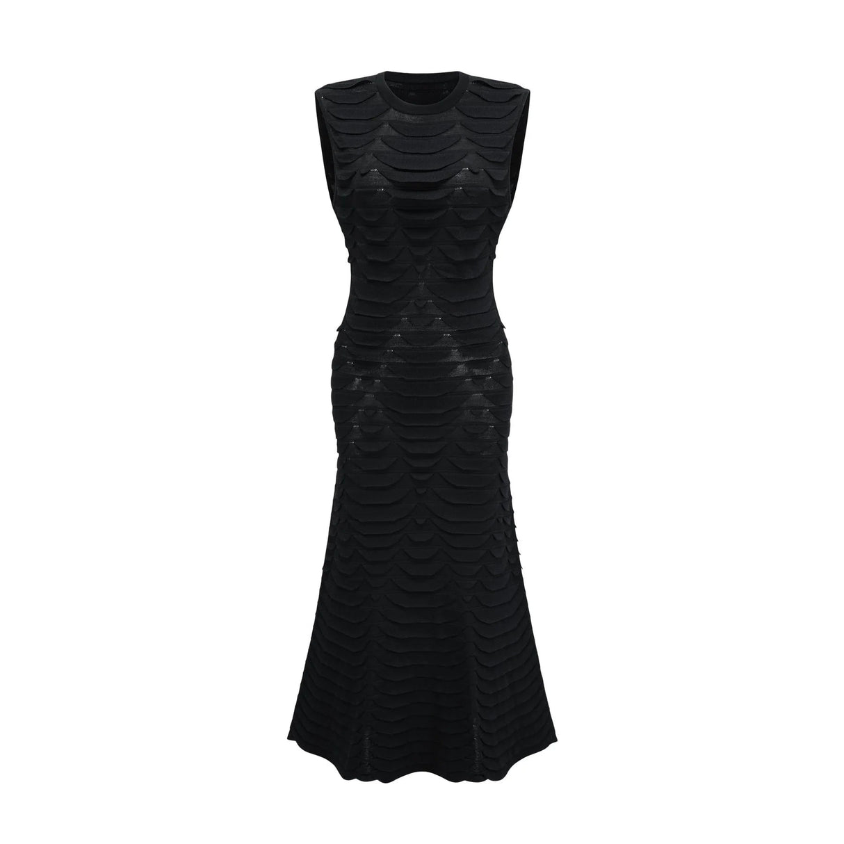 Kiera Midi Dress 3D Snake Pattern Godet Black & Flared