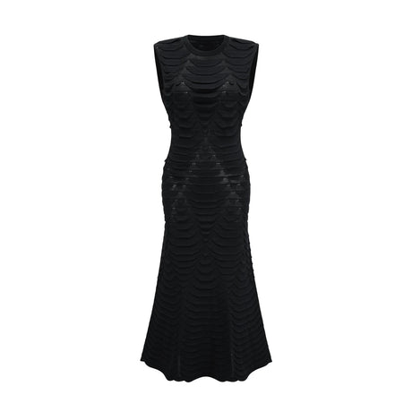 Kiera Midi Dress 3D Snake Pattern Godet Black & Flared