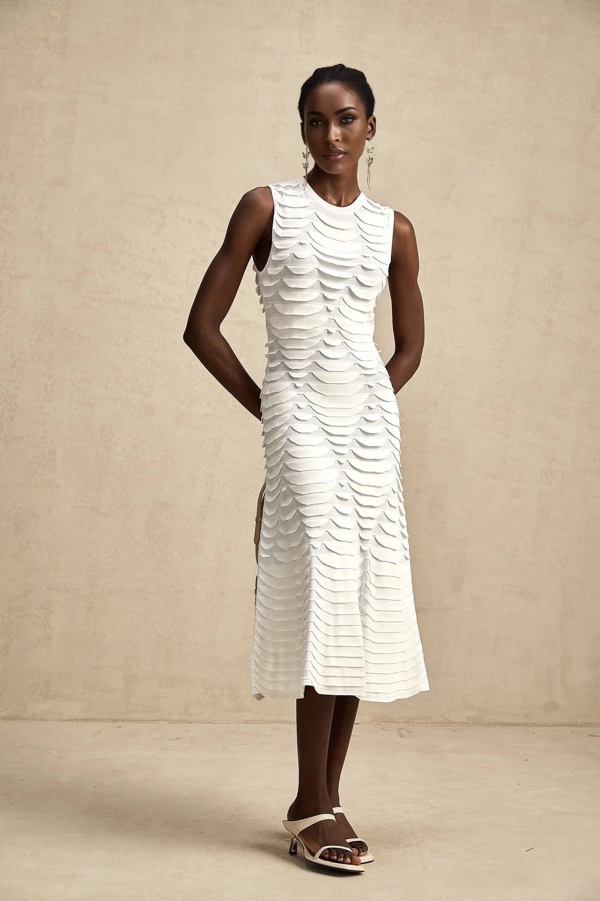 Kiera Midi Dress 3D Snake Pattern Godet Black & Flared