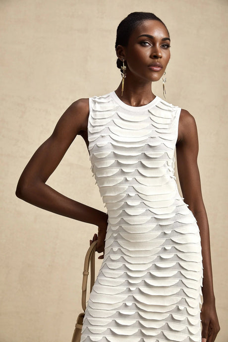 Kiera Midi Dress 3D Snake Pattern Godet Black & Flared