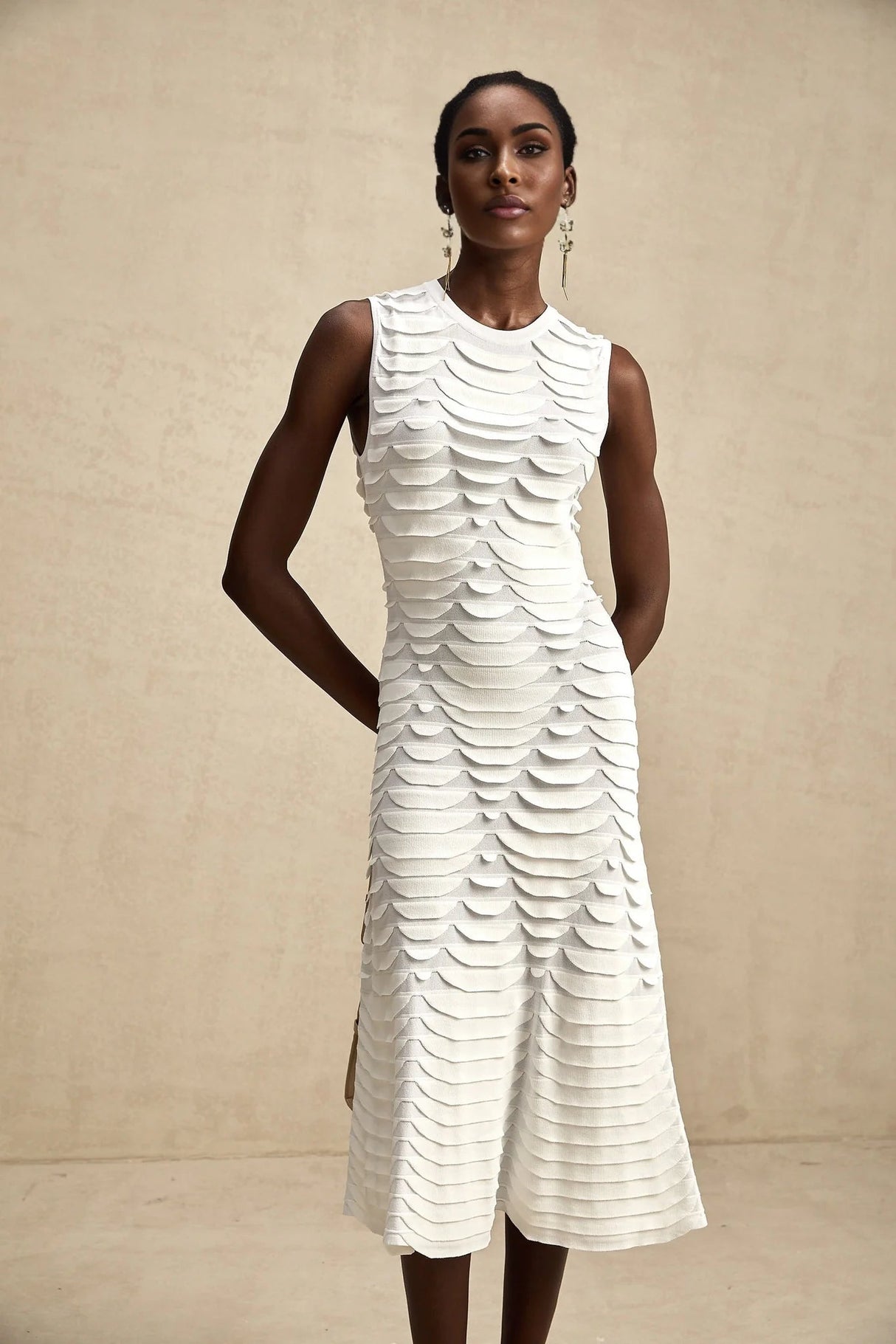 Kiera Midi Dress 3D Snake Pattern Godet Black & Flared