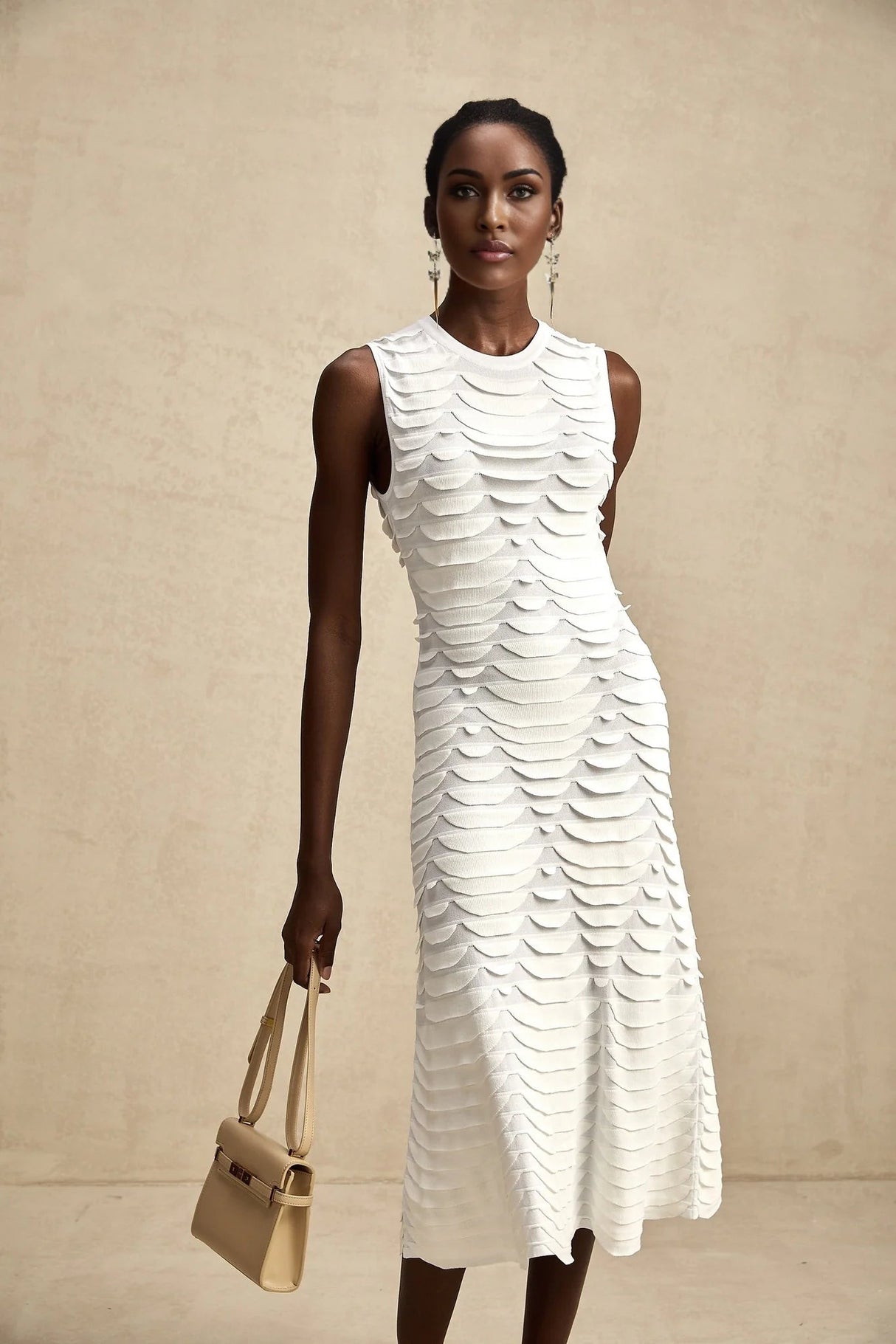 Kiera Midi Dress 3D Snake Pattern Godet Black & Flared
