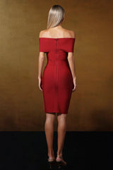 Kiera Red Off-Shoulder Fitted Dress with Twisted Detailing