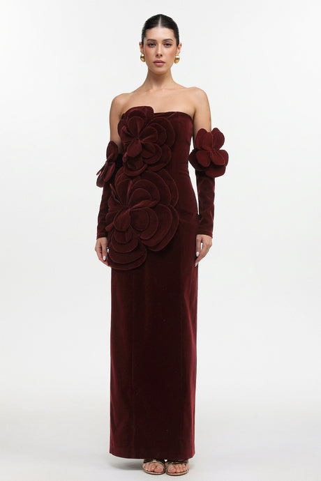 Kiera Red Floral Velvet Maxi Dress Elegant Formal Wear