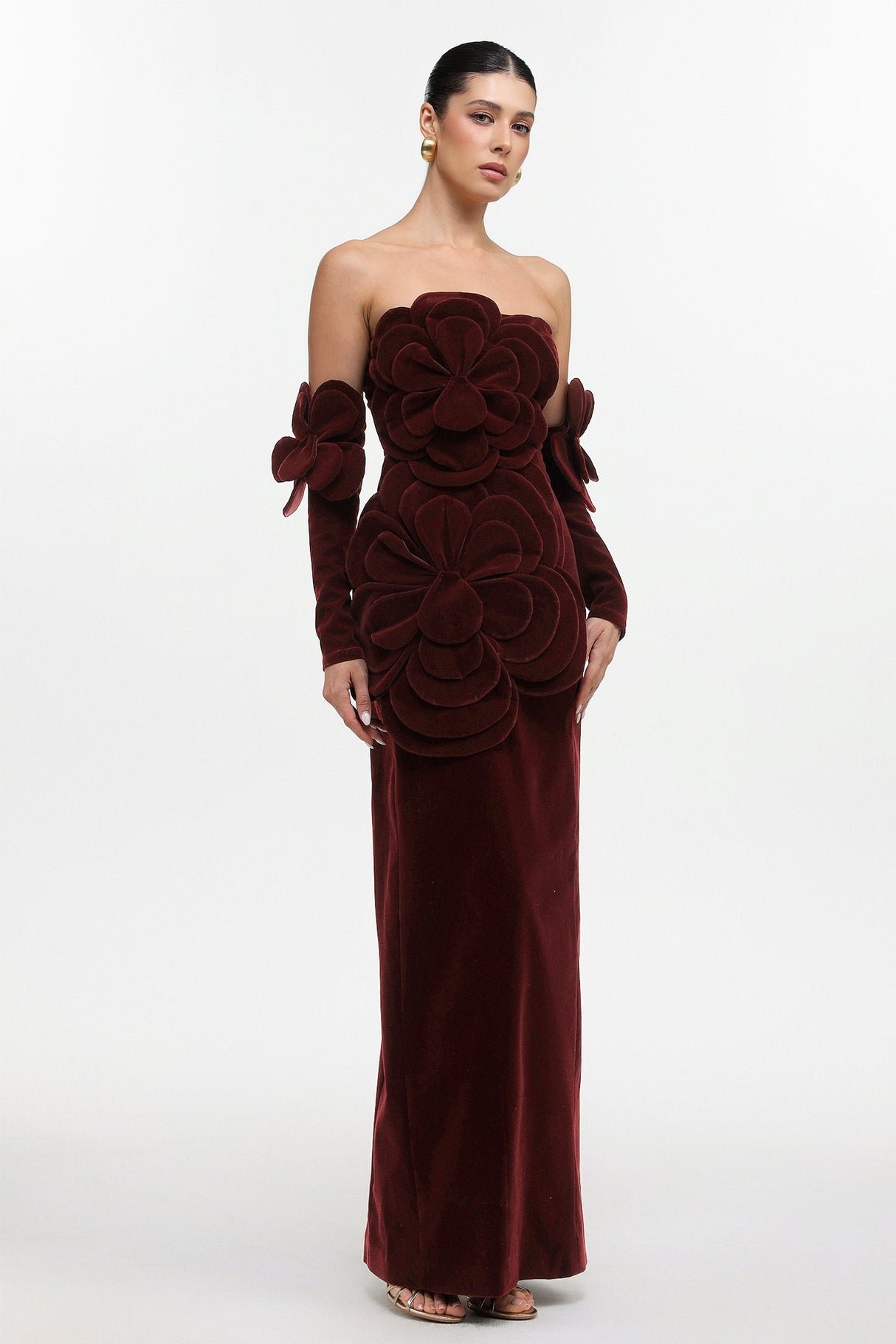 Kiera Red Floral Velvet Maxi Dress with Oversized Floral Appliqués and Tailored Neckline for Formal Events and Galas
