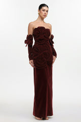 Kiera Red Floral Velvet Maxi Dress with Oversized Floral Appliqués and Tailored Neckline for Formal Events and Galas