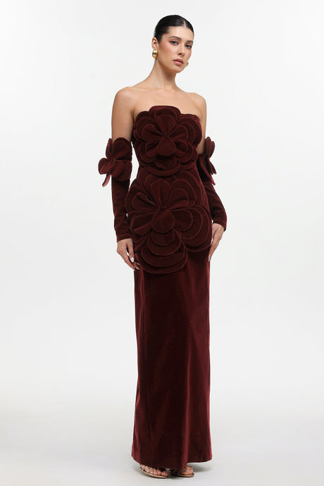Kiera Red Floral Velvet Maxi Dress with Oversized Floral Appliqués and Tailored Neckline for Formal Events and Galas
