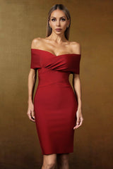 Kiera Red Off-Shoulder Fitted Dress with Twisted Detailing