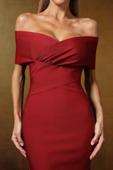Kiera Red Off-Shoulder Fitted Dress with Twisted Detailing