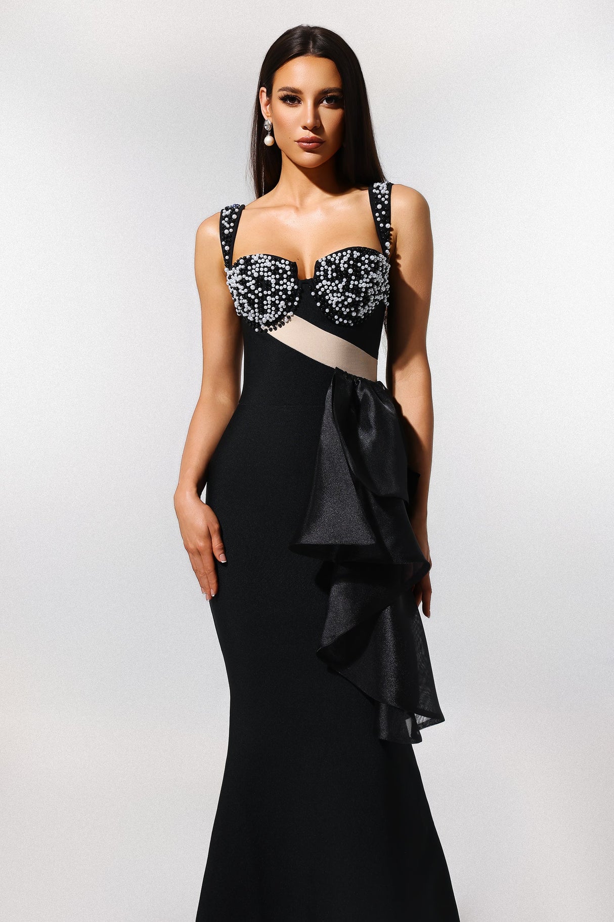 Kimberly Black Sweetheart Neckline Pearl Detail Ruffled Accent Evening Dress