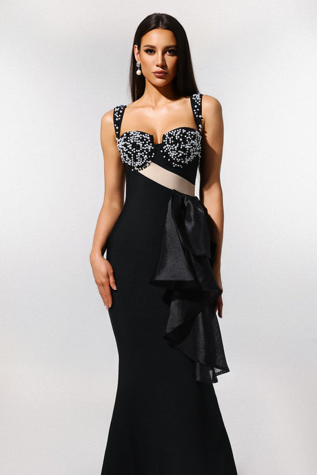 Kimberly Black Sweetheart Neckline Pearl Detail Ruffled Accent Evening Dress