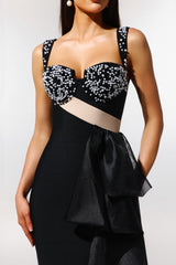 Kimberly Black Pearl Detail Sweetheart Neckline Ruffled Dress