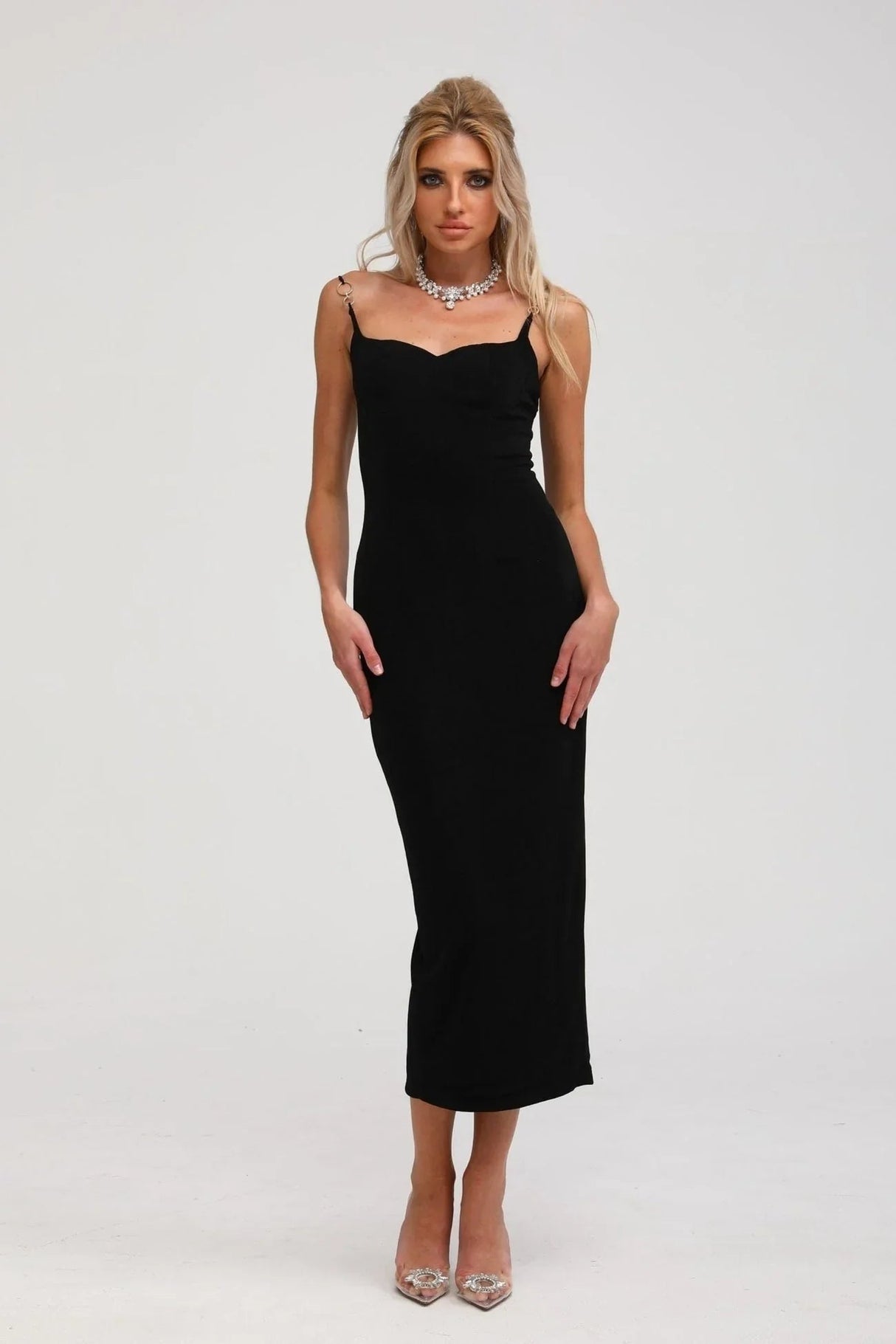 Kimberly Midi Dress Black Bustier Off - shoulder Design