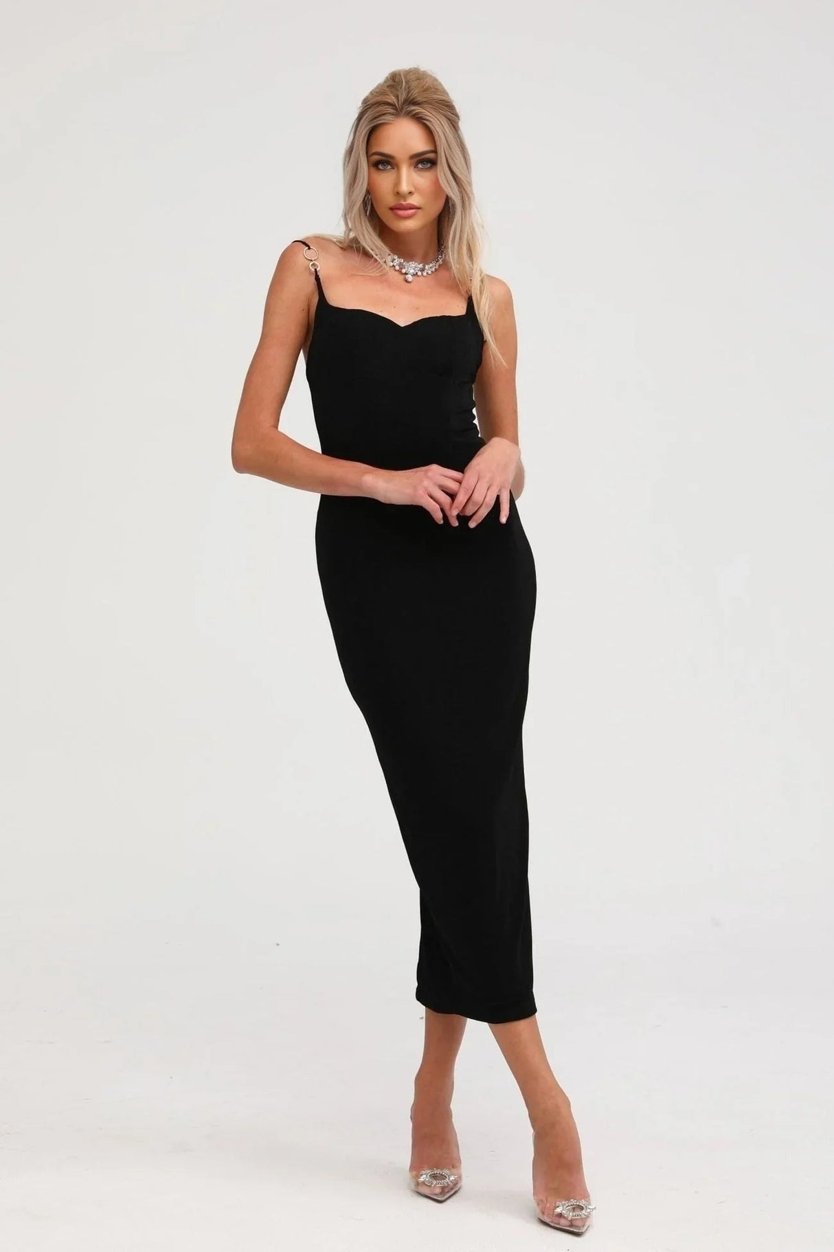 Kimberly Midi Dress Black Bustier Off - shoulder Design