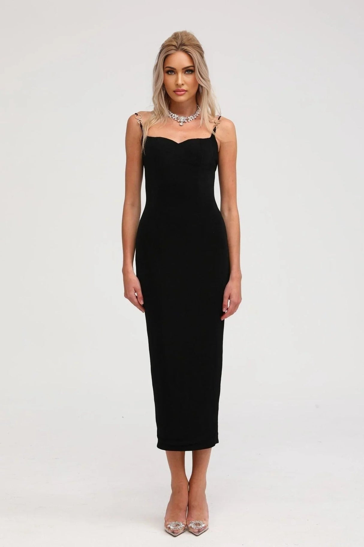 Kimberly Midi Dress Black Bustier Off - shoulder Design